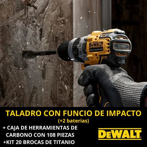 KIT DEWALT ORIGINAL: Taladro de Alto Impacto + 28 ACCESORIOS + 2 BATERIAS DE REGALO
